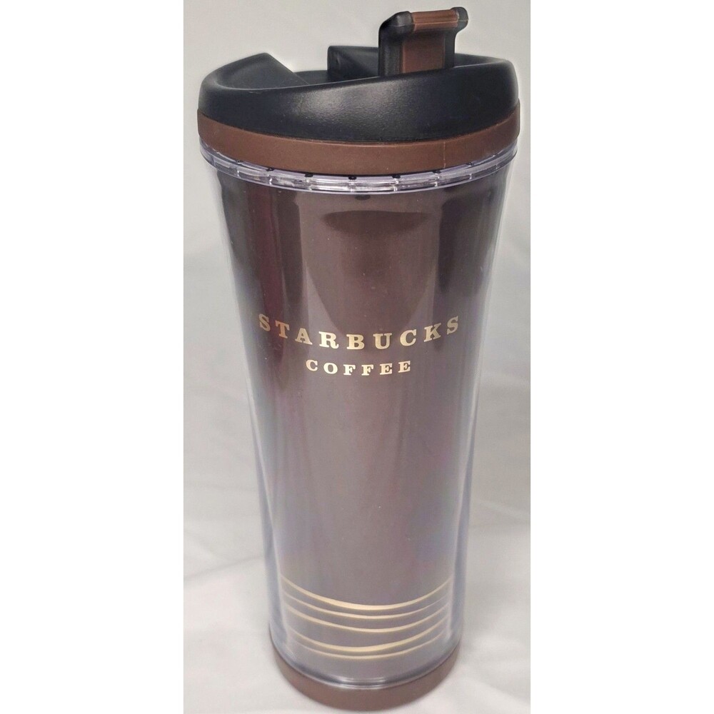 Rare-2007 Starbucks 16oz Brown Gold Plastic Travel Mug tall with lid